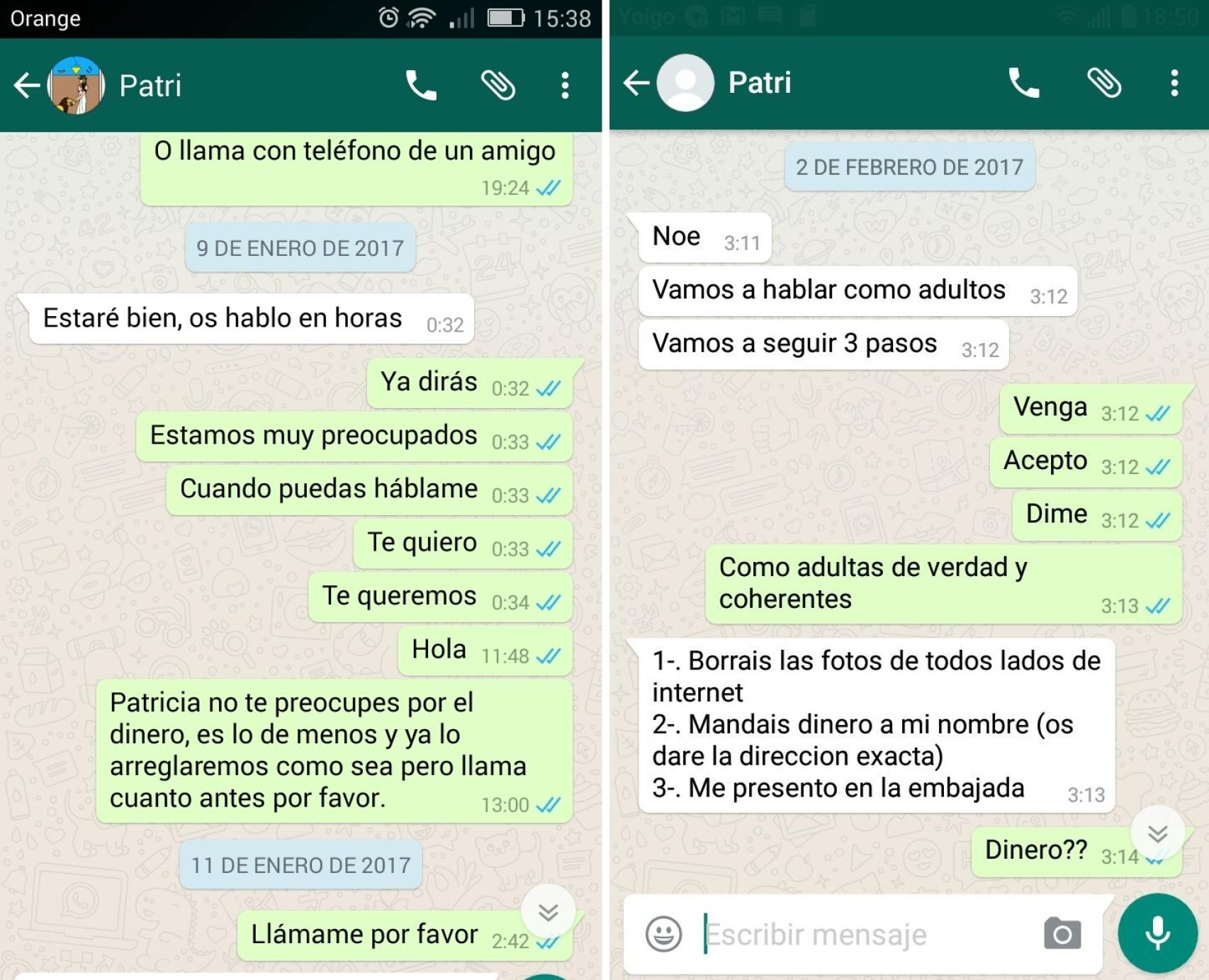 A la izquierda, el mensaje que mandó Patricia Aguilar a punto de volar rumbo a Perú; a la derecha, un mensaje que envió desde Lima.
