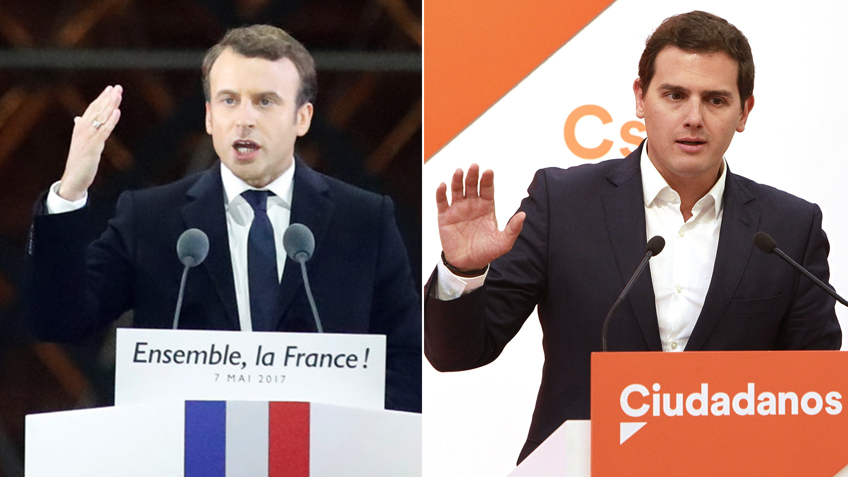 El presidente francés, Emmanuel Macron (izda.). Y el líder de Cs, Albert Rivera (dcha).