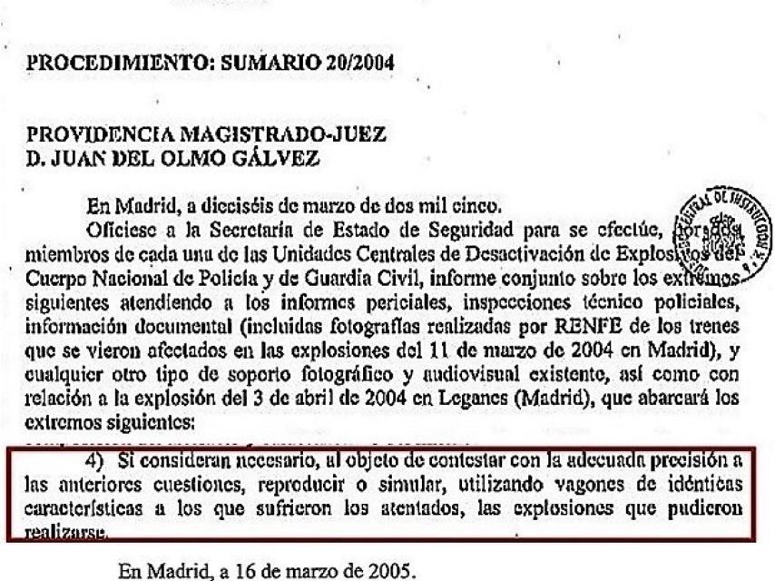 Fragmento de la providencia por la que el juez Del Olmo ordenaba realizar un informe conjunto Policía Guardia - Civil