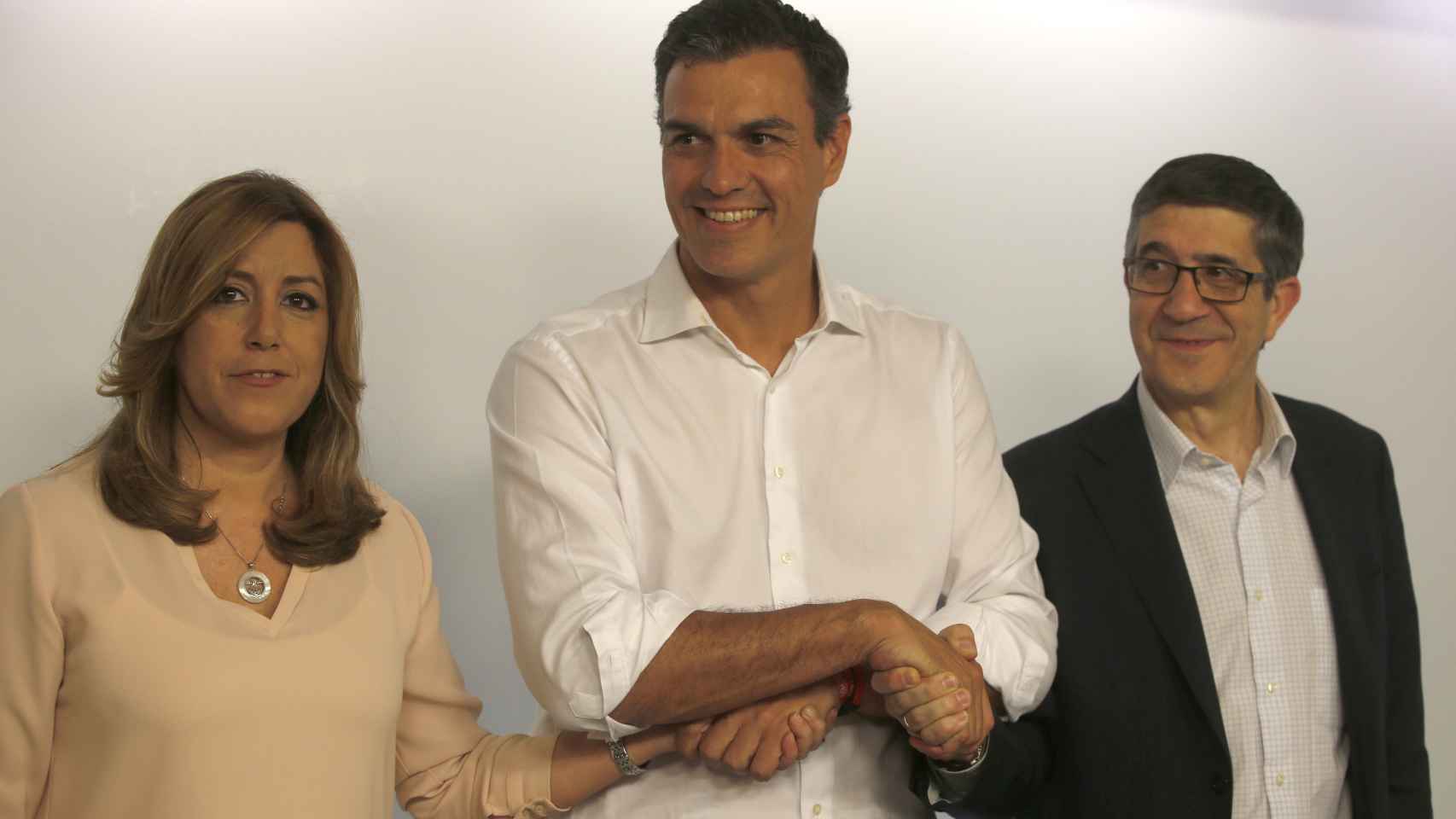 Susana Díaz, Pedro Sánchez y Patxi López, en el debate de las primarias del PSOE