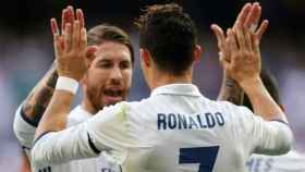 Cristiano celebra su gol con Ramos. Foto: Pedro Rodríguez / El Bernabéu