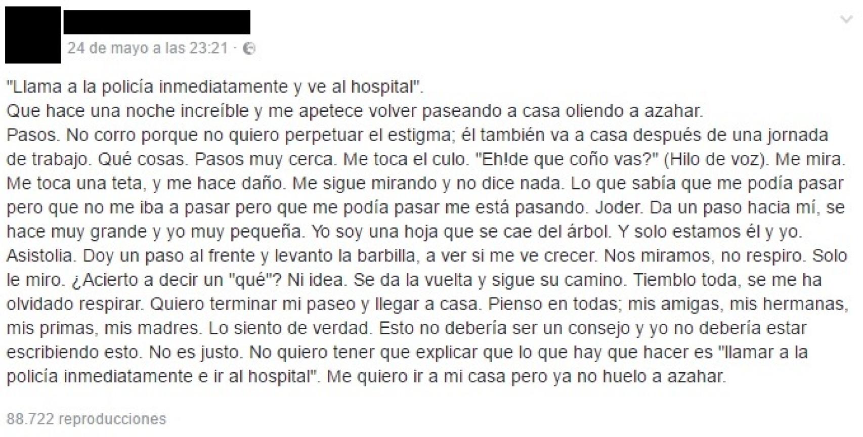 El post que la joven ha escrito en su Facebook relatando los hechos.