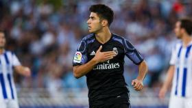 Marco Asensio celebra su gol contra la Real Sociedad.