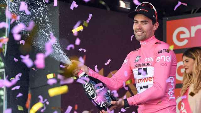 Tom Dumoulin celebra durante este Giro de Italia.