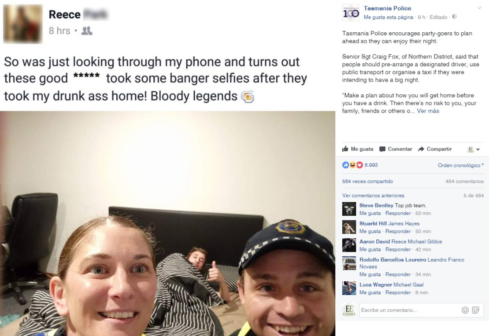 La publicación en Facebook de la Policía de Tasmania (Australia)