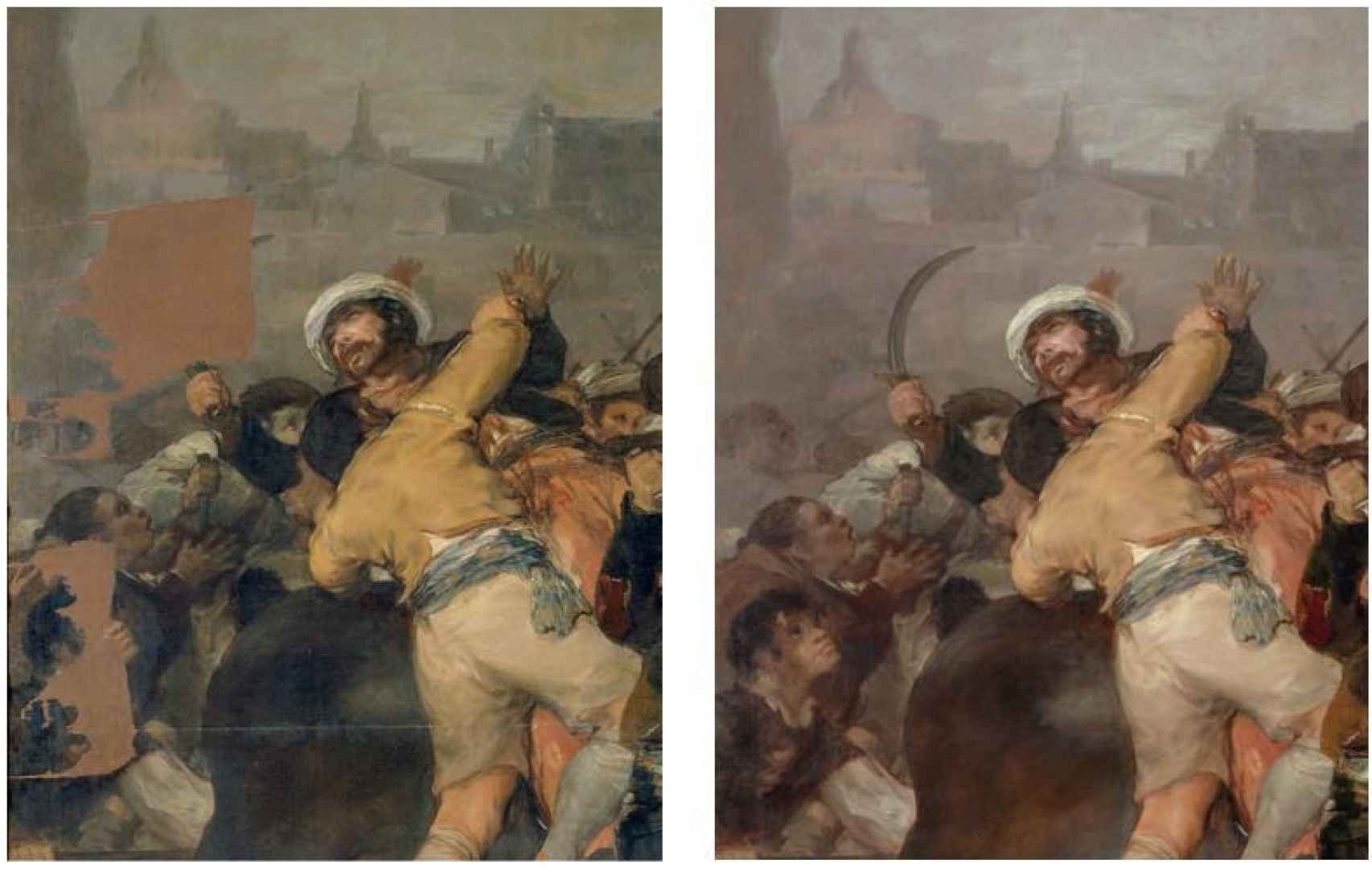 Detalle de las faltas del cuadro antes y después de ser restaurado en El Prado.