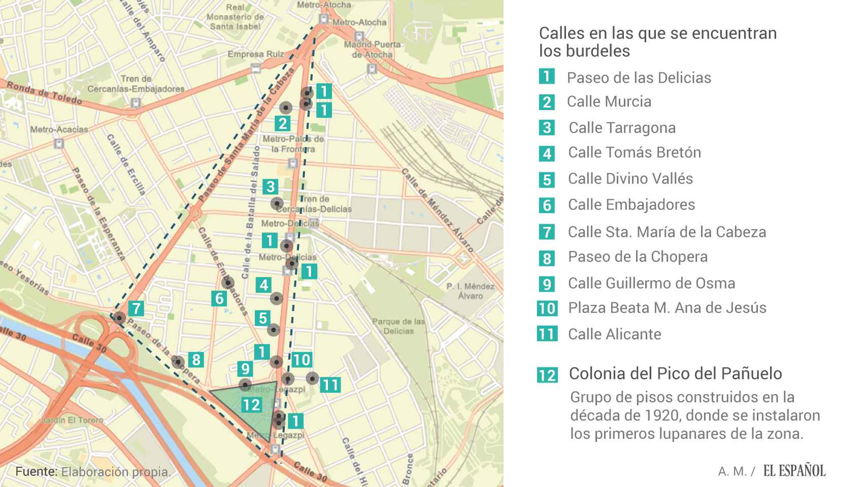 Mapa de los burdeles clandestinos en el triángulo de la prostitución de Madrid
