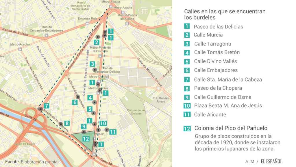 Mapa de los burdeles clandestinos en el triángulo de la prostitución de Madrid
