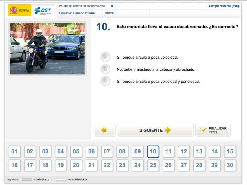 Captura de pantalla de una prueba del carnet de conducir.