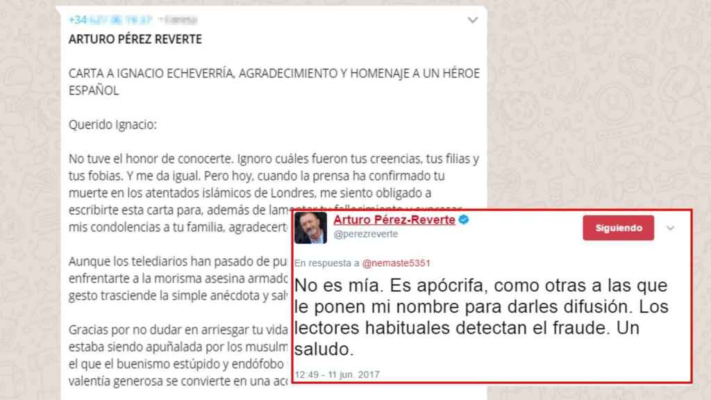Pérez-Reverte niega la autoría del mensaje viral.