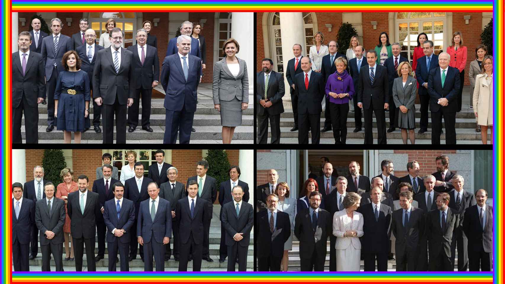 De izquierda a derecha y de arriba a abajo; los Consejos de Ministros de Mariano Rajoy, Zapatero, Aznar y González