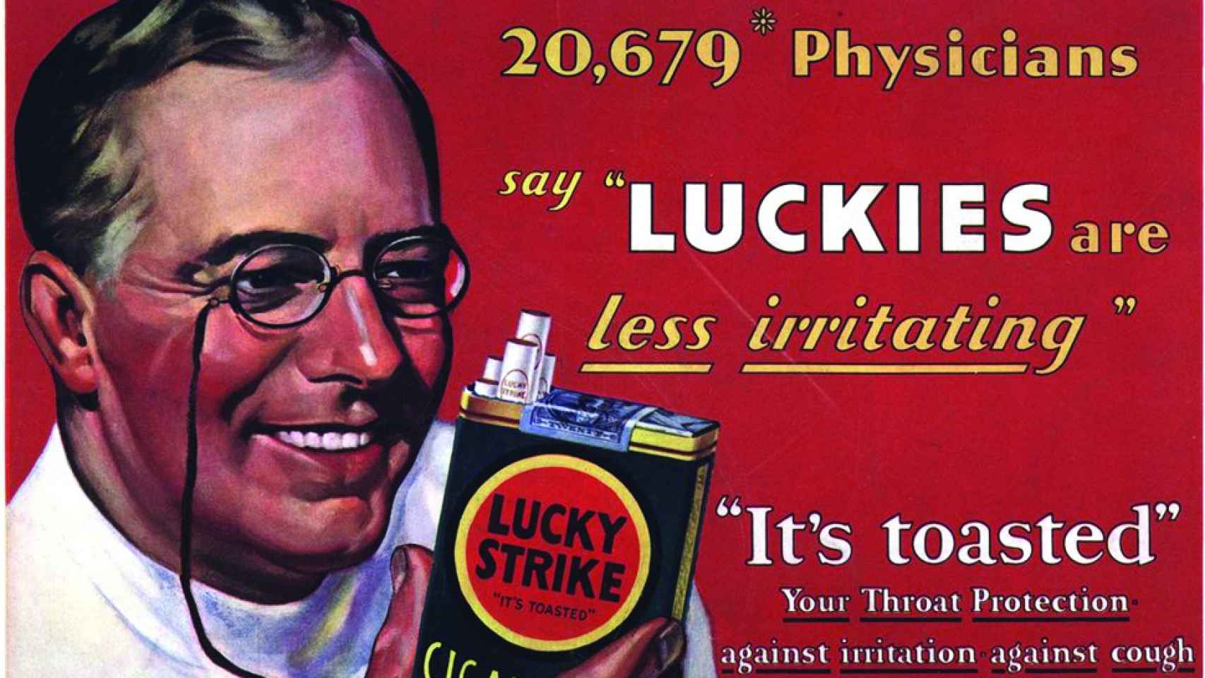 Anuncio clásico de Lucky Strike en el que un médico promovía sus virtudes contra la tos.