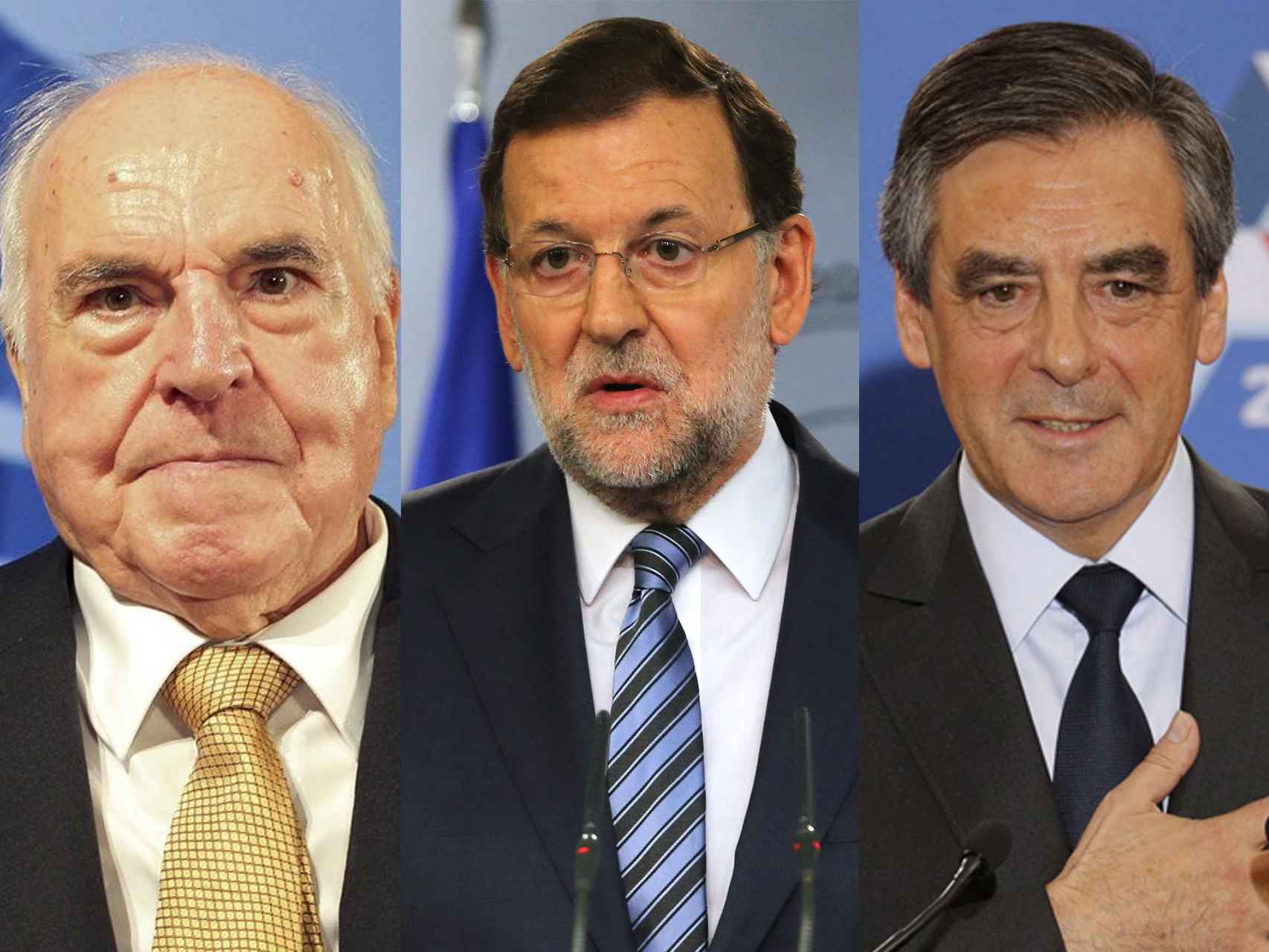 De izquierda a derecha, Helmut Kohl, Mariano Rajoy y François Fillon.