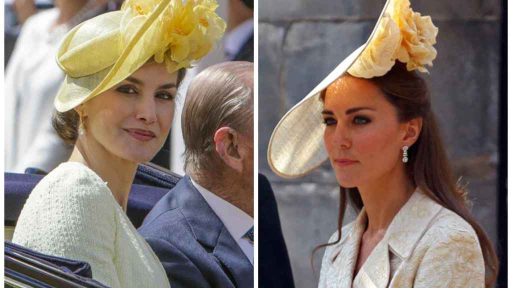La reina Letizia este miércoles en Londres y Kate Middleton con un tocado similar.