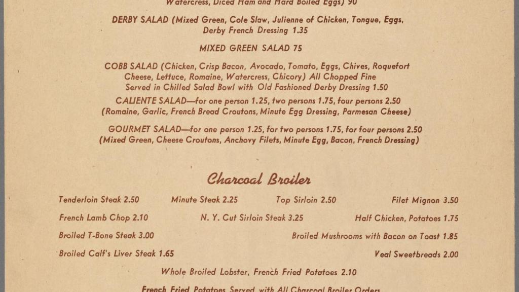 La carta del restaurante Brown Derby con la 'Caliente salad'.