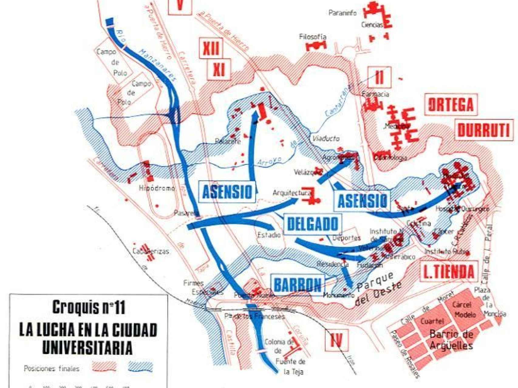 Mapa de las zonas republicanas y franquistas, en la Universitaria.