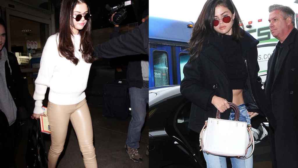 Selena Gomez con un pantalón de cuero en camel, con cropped top y sus inseparables gafas redondas, a su llegada al aeropuerto. | Foto: GTRES.