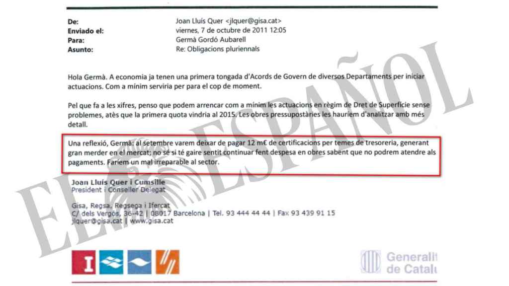 DOCUMENTO Nº 5. Documento en el que el presidente de GISA advierte a Gordó de que no hay dinero para licitaciones y que están teniendo impagos.