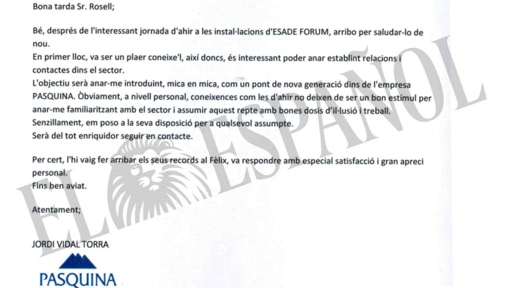 DOCUMENTO 15. Correo de un directivo de la empresa Pasquina al director general de Infraestructures, un día antes de que se anuncie el contrato.