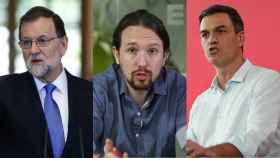 De izquierda a derecha: Rajoy, Iglesias y Sánchez.