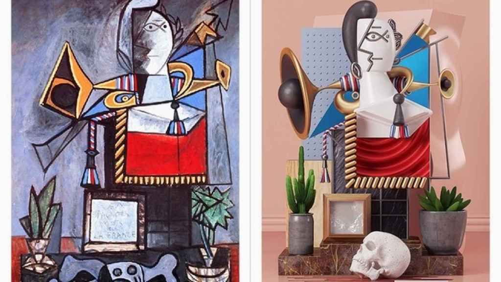 La obra original de Homenaje a los españoles que murieron en Francia (1946) de Picasso a la izquierda y la reintepretación de Omar Aqil a la derecha. | Foto: Omar Aqil.