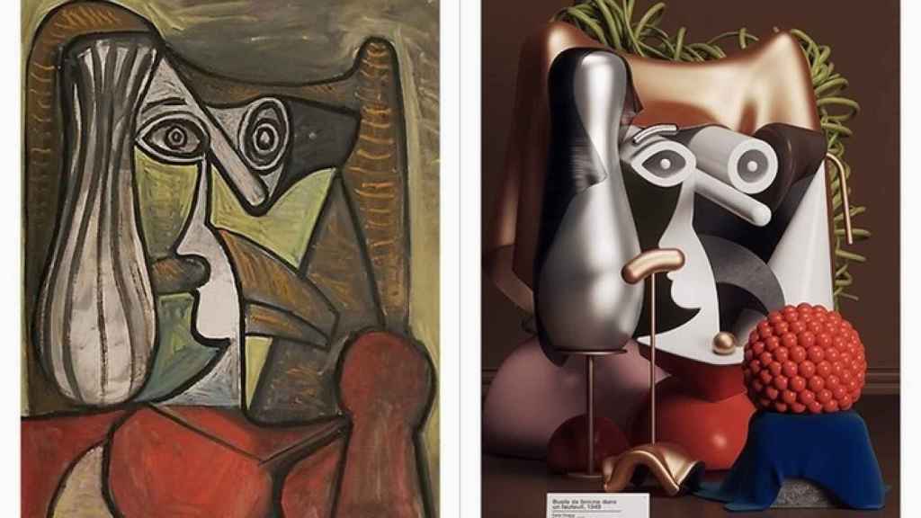 La obra original Busto de mujer en una butaca (1949) a la izquierda y la interpretación de Aqil a la derecha. | Foto: Omar Aqil.