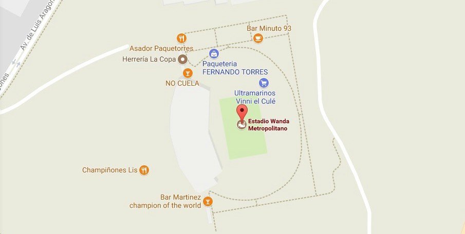 Nuevo trolleo al Wanda Metropolitano en Google Maps: bar Minuto 93 o paquetería Fernando Torres