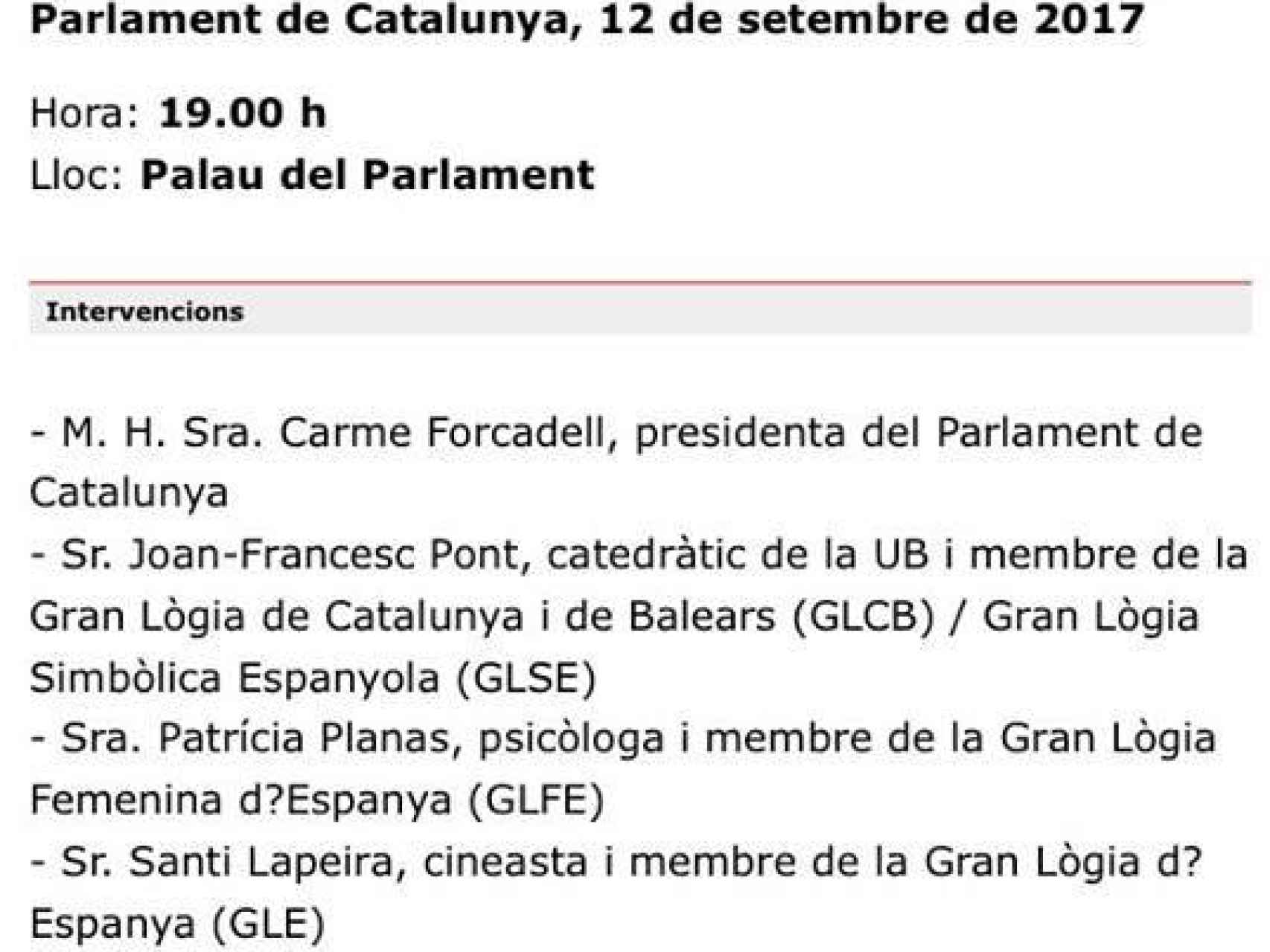 Invitación que envió el Parlament de Cataluña.