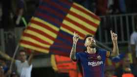 Messi celebra uno de los goles al Eibar.