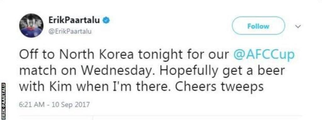 Uno de los tuits que Paartalu publicó antes de viajar a Corea del Norte.