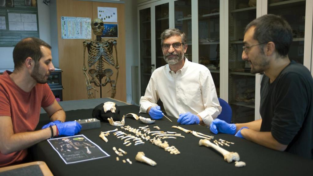 De izquierda a derecha, Antonio García-Tabernero, Antonio Rosas y Luis Ríos junto al esqueleto del estudio.