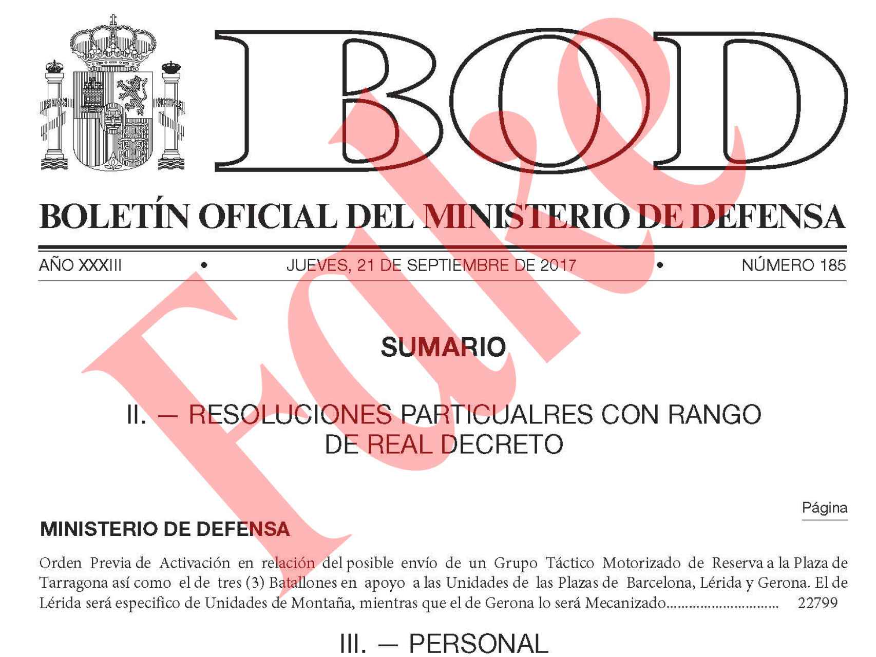 Extracto del falso Boletín Oficial del Ministerio de Defensa que llama a los reservistas.