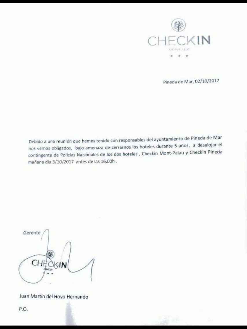 Carta firmada por los propietarios de los hoteles de Pineda de Mar.