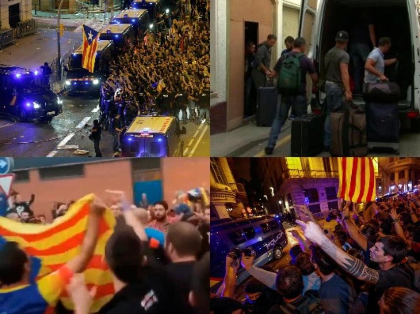 Arriba a la izquierda, escrache a la Policía en Barcelona; arriba a la derecha, guardias civiles dejando el hotel en Calella. Abajo a la izquierda, persecución a agentes en Calella; abajo a la derecha, protesta en Barcelona.