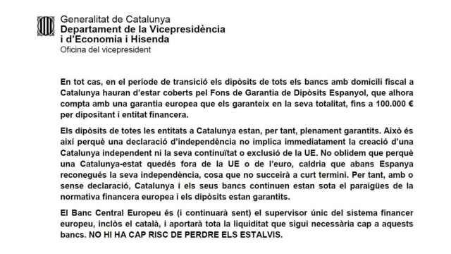 Documento enviado por la Generalitat a sus delegaciones en el exterior. Foto: Europa Press