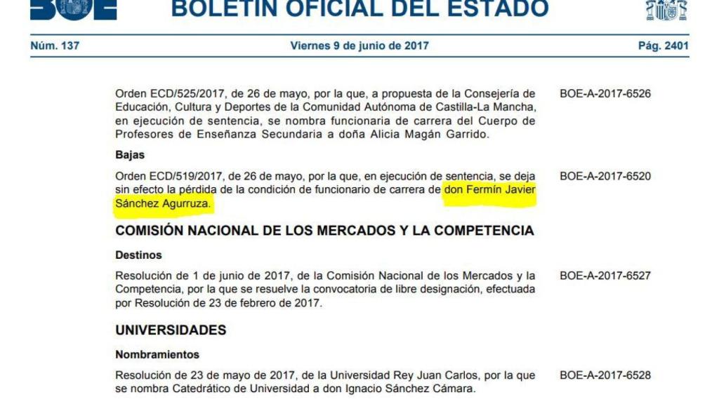 El BOE en el que se informa de la reincorporación de Sánchez Agurruza.