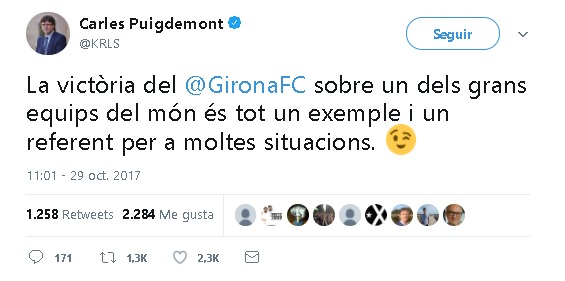 Puigdemont equipara la victoria del Girona a la situación de Cataluña