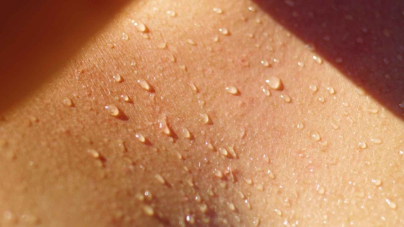 Gotas de sudor sobre la piel de un varón.