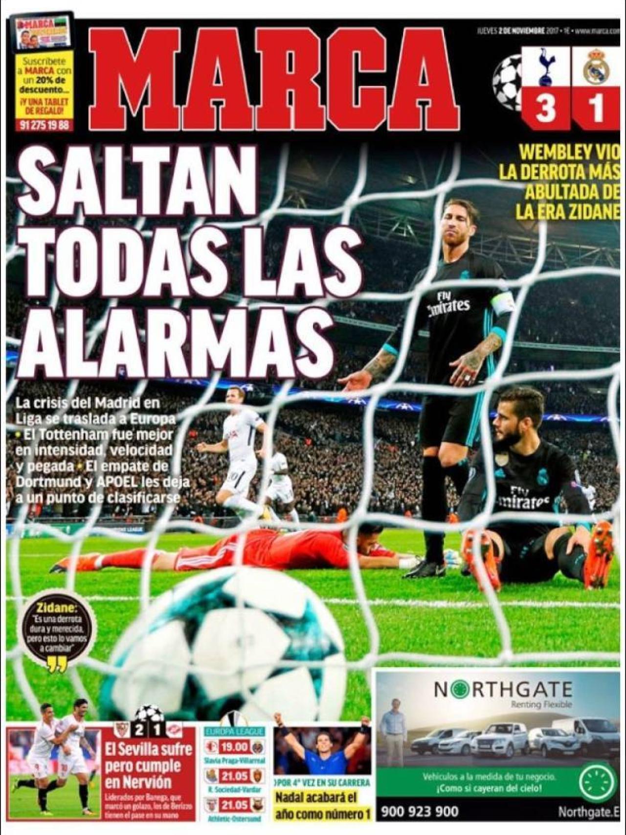 MARCA abre con la derrota del Real Madrid en Wembley: 'Saltan todas las alarmas'.