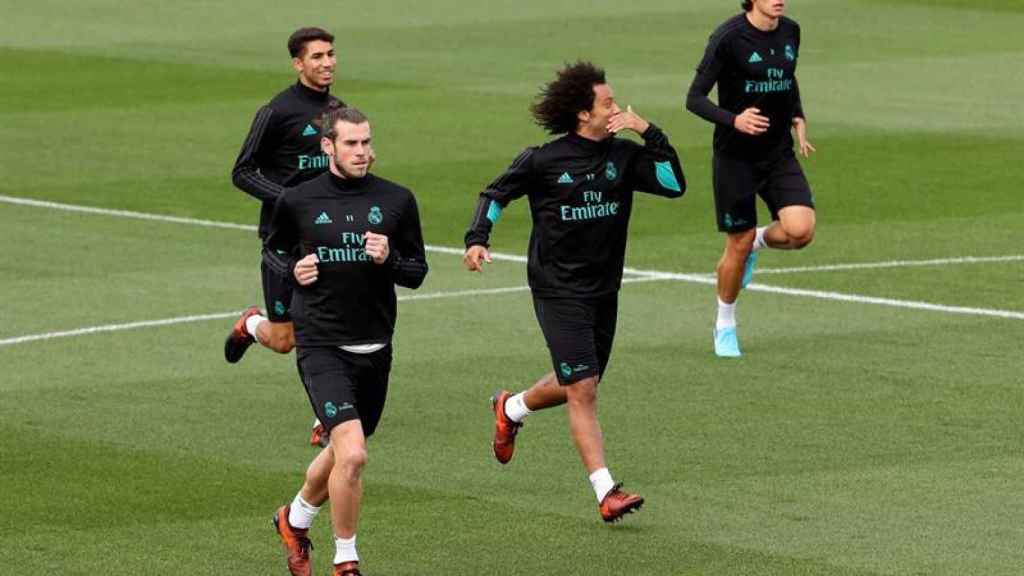 Marcelo, Bale y Jesús Vallejo, durante el entrenamiento con el Real Madrid.