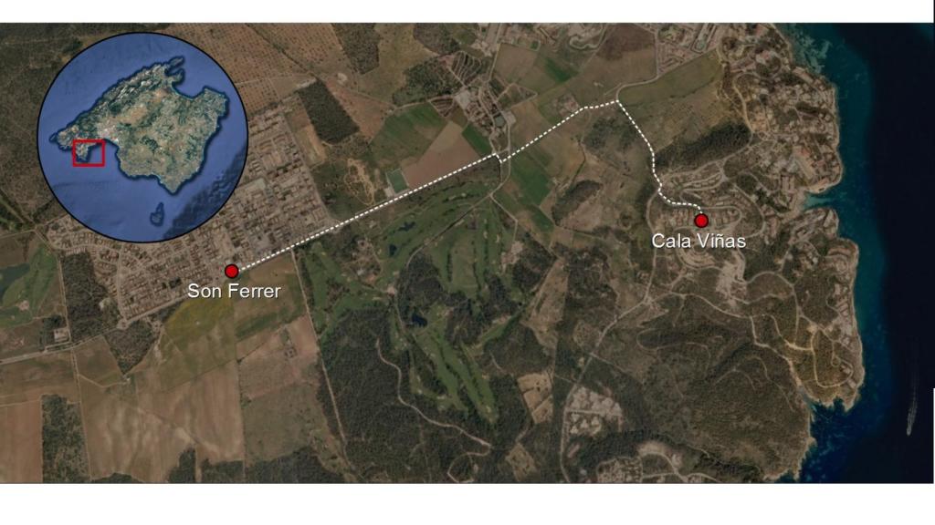 Recorrido que debía seguir Malén entre la casa de su padre, en Cala Viñas, y la de su novio, en Son Ferrer.