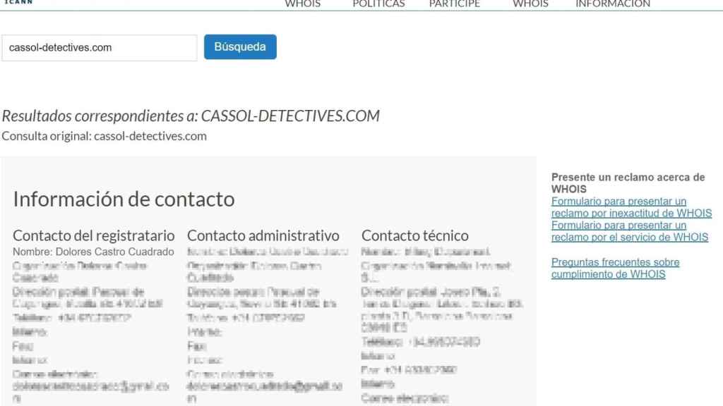 Imagen en la que señala que Dolores Castro es propietaria del dominio Cassol Detectives.