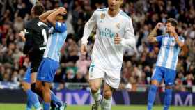 Cristiano Ronaldo celebra el gol de la victoria del Real Madrid ante el Málaga.