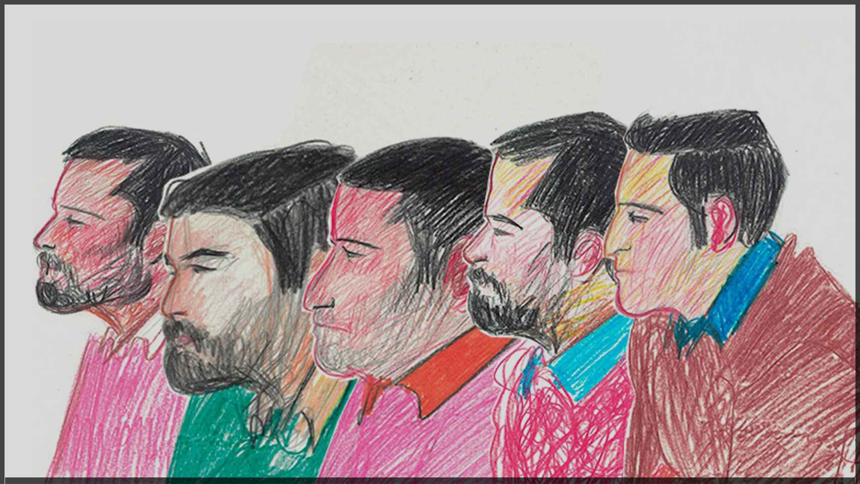 Ilustración de La Manada en el juicio. De i. a d.: Ángel Boza, Jesús Escudero, José Ángel Prenda, Antonio Manuel Guerrero y Alfonso Jesús Cabezuelo.
