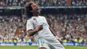 Marcelo celebra en el Bernabéu. Foto Twitter (@MarceloM12)