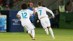Marcelo y Cristiano celebran el gol del portugués