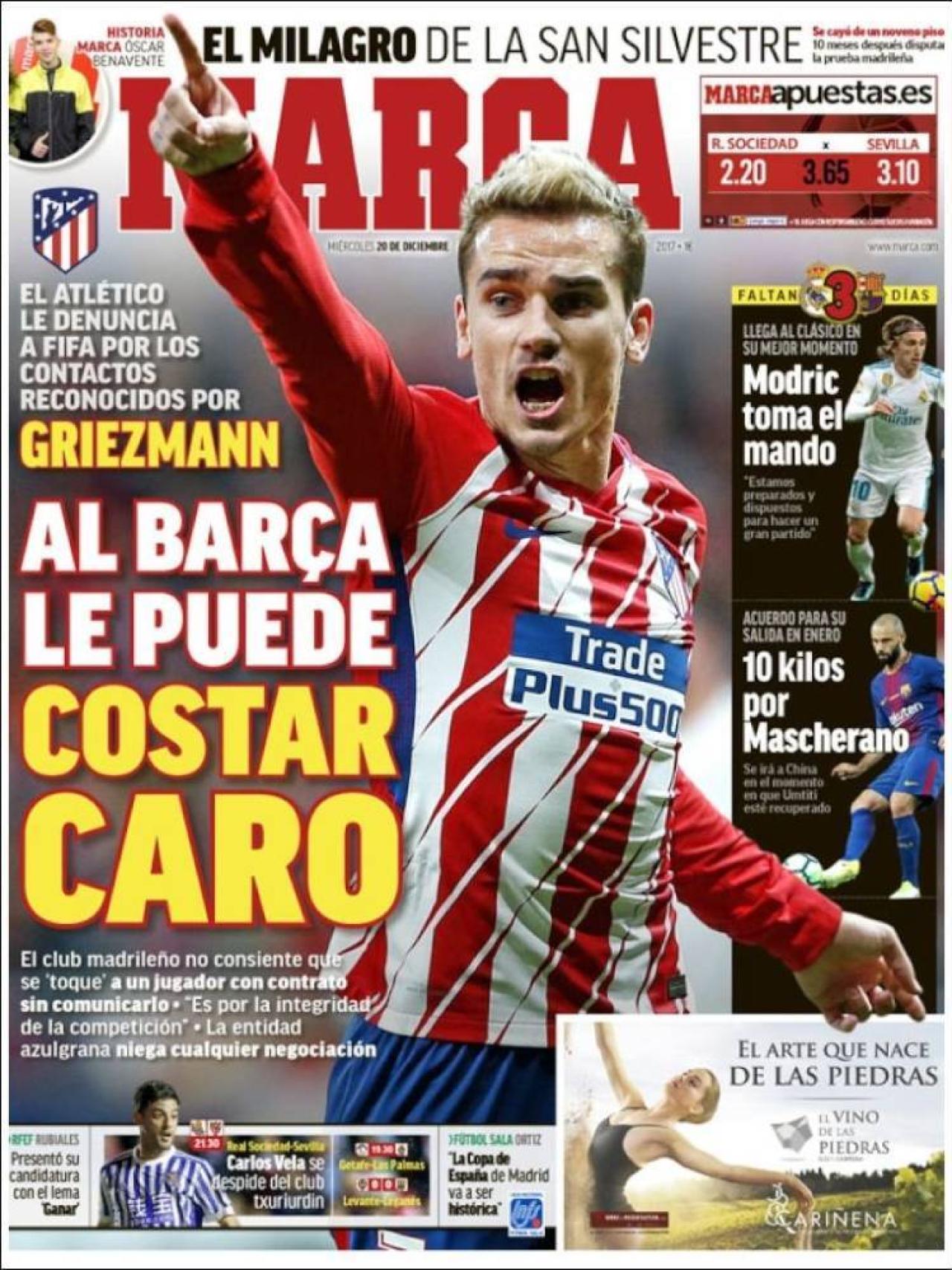 MARCA se hace eco del caso Griezmann y la denuncia del Atlético al Barcelona.