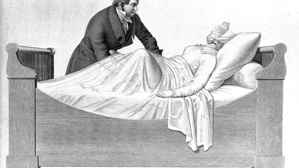 Un médico masajeando a su paciente en una ilustración francesa de 1825.