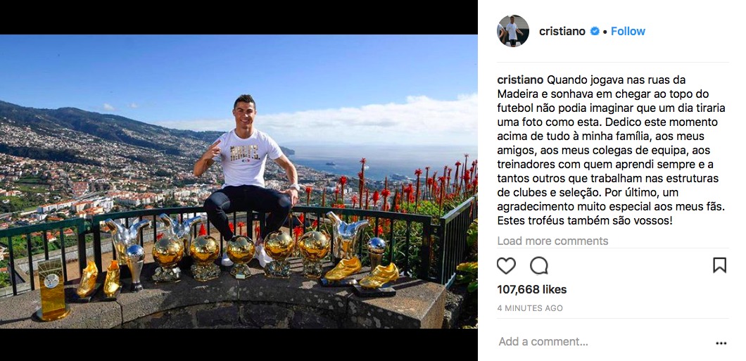 Cristiano presume de títulos individuales en Instagram con esta foto