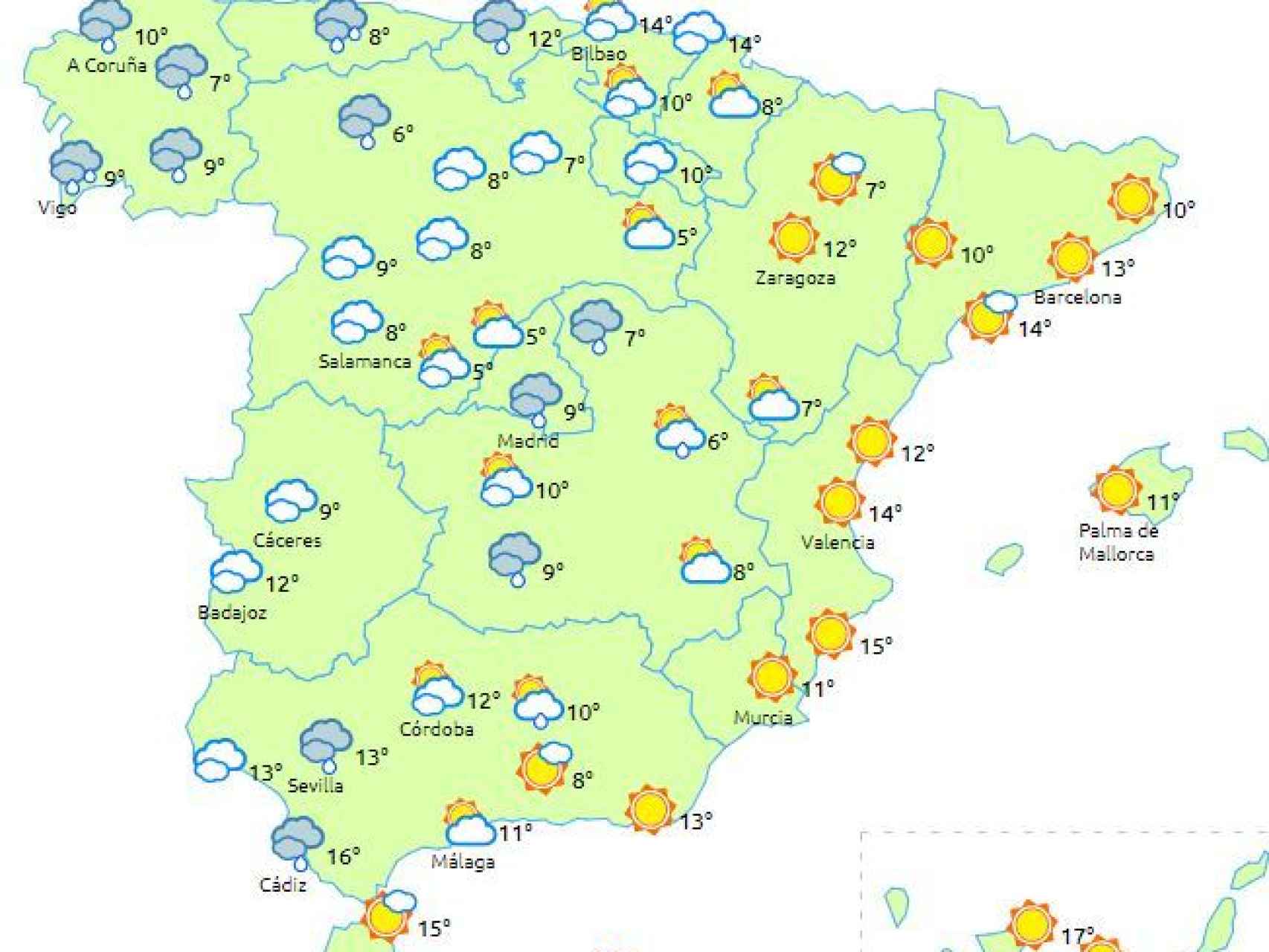 Previsión del tiempo en España para este viernes.